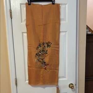 Silk and Linen Autumn Theme Embroidered Floral Scarf from Vietnam